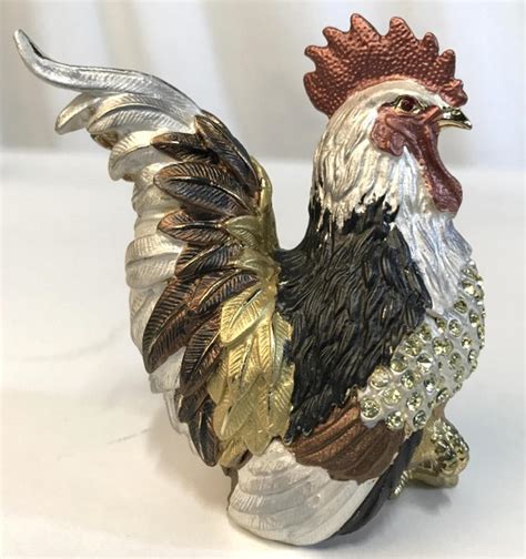 Vintage Metal Enamel Painted Rooster Trinket Box Organizer 